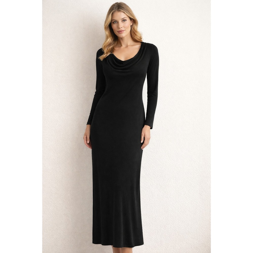 LAND OF THE FREE Black Maxi Dress Rounded Cowl Neck Edgy Minimalist Boho‎ M NWT